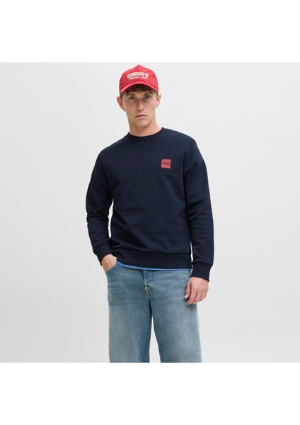 Erkek Minimal Logo Baskili Bisiklet Yaka Sweatshirt - Brandy