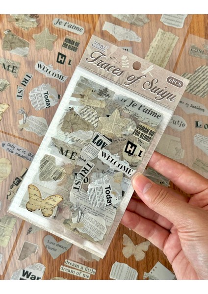 Vintage Gazete ve Yazı Temalı Şeffaf 6 Yaprak 64 Adet Pet/bullet Journal/etiket/çıkartma/ Scrapbook