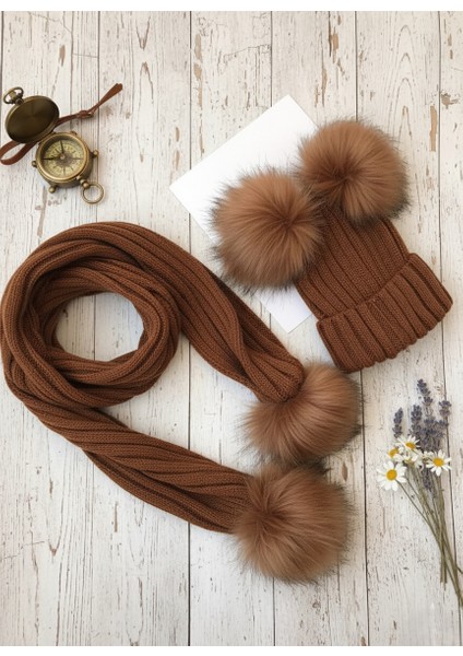 Çocuk Triko Taba Rengi Bere Atkı Seti Çift Ponponlu Kışlık