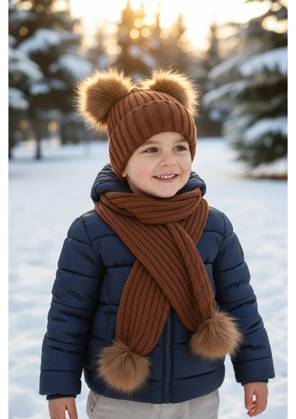 Çocuk Triko Taba Rengi Bere Atkı Seti Çift Ponponlu Kışlık fiyatları