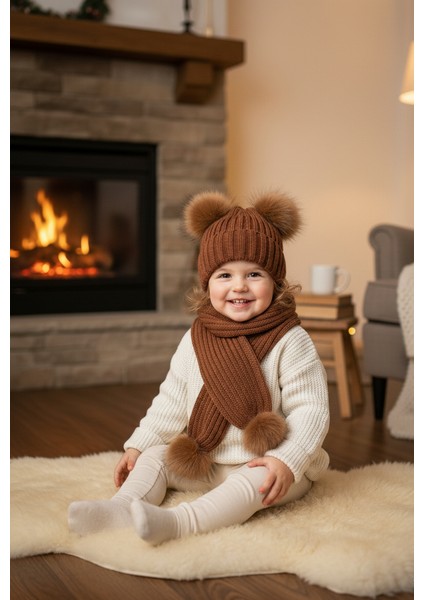 Çocuk Triko Taba Rengi Bere Atkı Seti Çift Ponponlu Kışlık modelleri