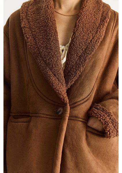 Kadın Içi Kürklü Cep Detaylı Şal Yaka Süet Kaban