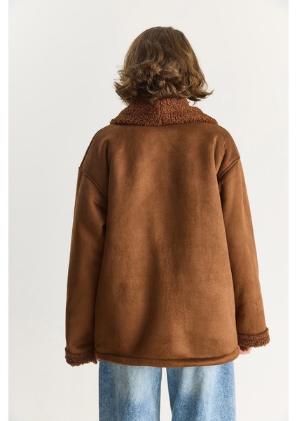 Kadın Içi Kürklü Cep Detaylı Şal Yaka Süet Kaban
