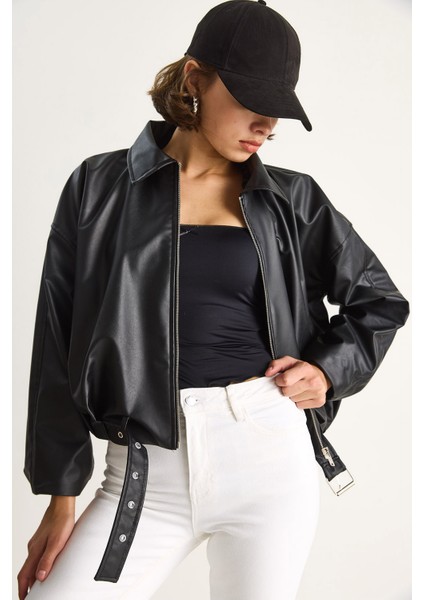 Kadın Oversize Tokalı Deri Ceket modelleri