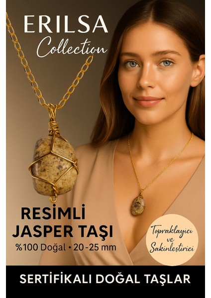 Sertifikalı Gold Renkli Kahverengi Resimli Jasper Taşı Kolye – Topraklayıcı ve Sakinleştirici