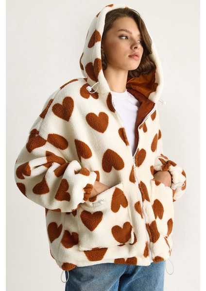 Kadın Kalpli Kapüşonlu Oversize Peluş Mont Rı