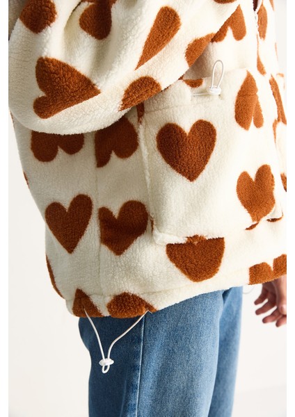 Kadın Kalpli Kapüşonlu Oversize Peluş Mont Rı