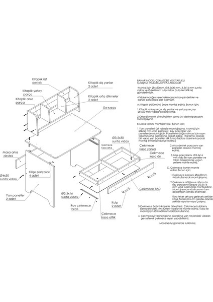 Bahar Serisi Çalışma Masası-Çocuk Ve Genç Odası Çalışma Masası-Kitaplıklı ve Çekmeceli Çalışma Masası