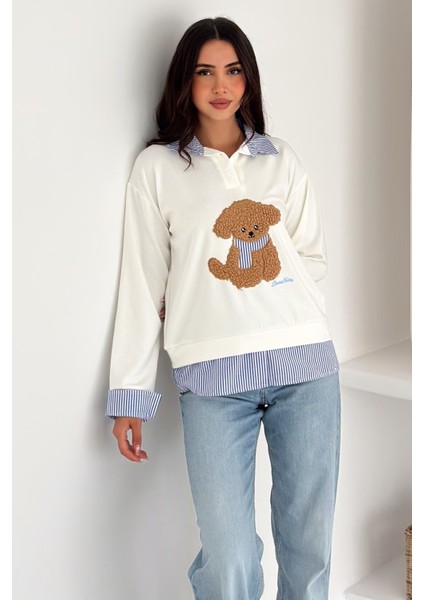 Kadın Nakış Peluş Ayıcık Figürlü Sweatshirt – Eğlenceli & Şehirli Stil