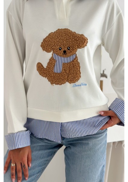 Kadın Nakış Peluş Ayıcık Figürlü Sweatshirt – Eğlenceli & Şehirli Stil