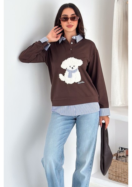 Kadın Nakış Peluş Ayıcık Figürlü Sweatshirt – Eğlenceli & Şehirli Stil