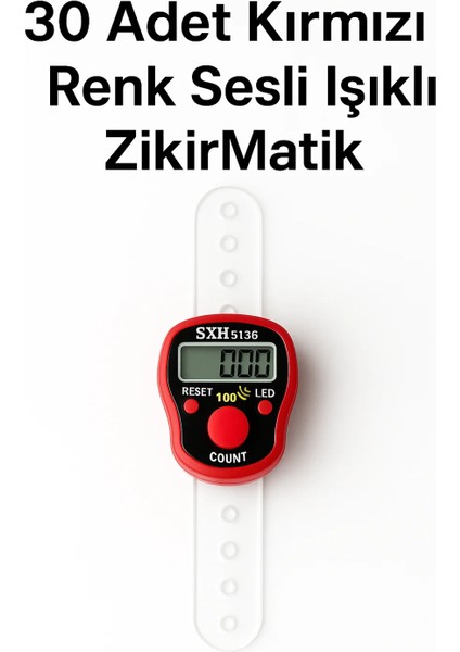 30 Adet Kırmızı Renkli Sesli Işıklı Dijital Zikirmatik – Yüzük Tesbih Sayaç – 100’DE Alarm Özellikli