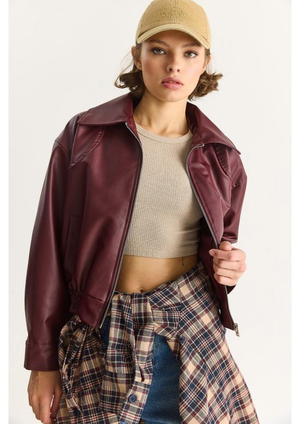 Kadın Oversize Belli Lastikli Suni Deri Bomber Ceket modelleri