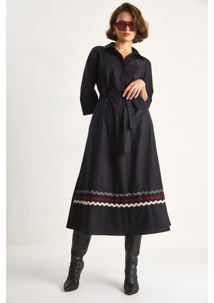 Kadın Nakış Detaylı Yakalı Kemer Köprülü Gömlek Elbise modelleri