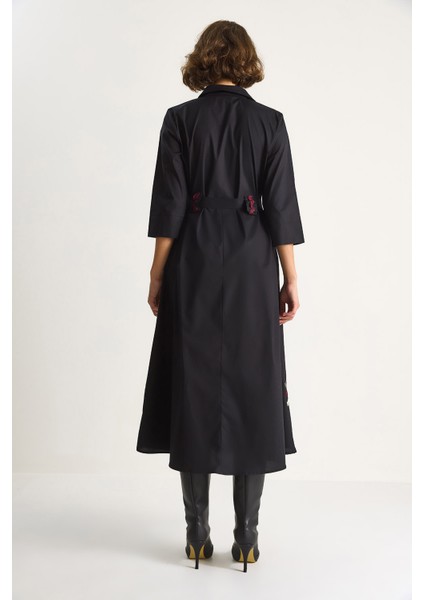 Kadın Nakış Detaylı Yakalı Kemer Köprülü Gömlek Elbise