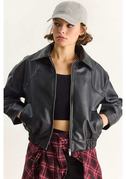 Kadın Oversize Belli Lastikli Suni Deri Bomber Ceket