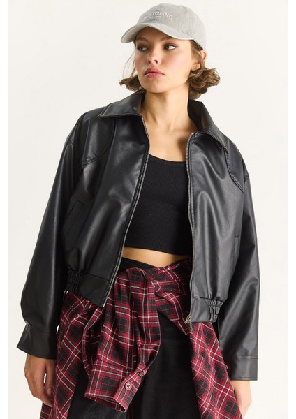 Kadın Oversize Belli Lastikli Suni Deri Bomber Ceket fiyatları