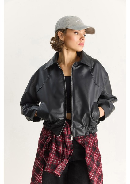 Kadın Oversize Belli Lastikli Suni Deri Bomber Ceket modelleri