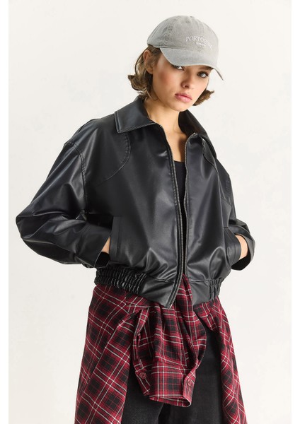 Kadın Oversize Belli Lastikli Suni Deri Bomber Ceket fırsatları