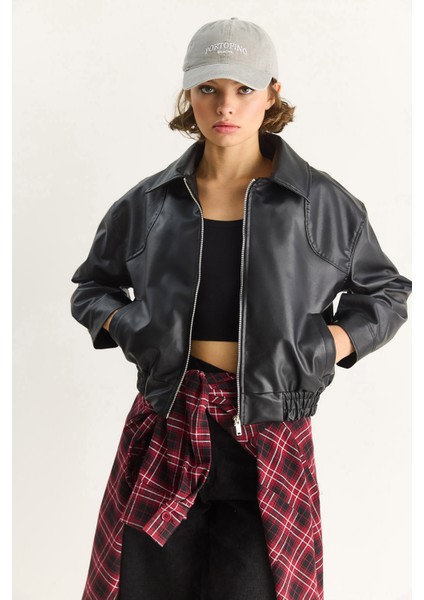 Kadın Oversize Belli Lastikli Suni Deri Bomber Ceket indirimleri