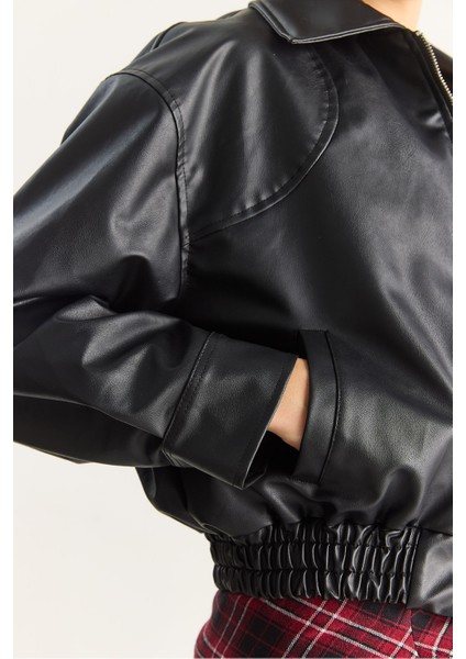 Kadın Oversize Belli Lastikli Suni Deri Bomber Ceket