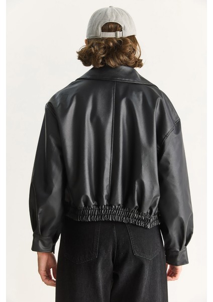 Kadın Oversize Belli Lastikli Suni Deri Bomber Ceket
