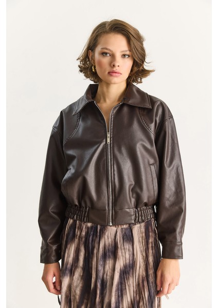 Kadın Oversize Belli Lastikli Suni Deri Bomber Ceket fırsatları