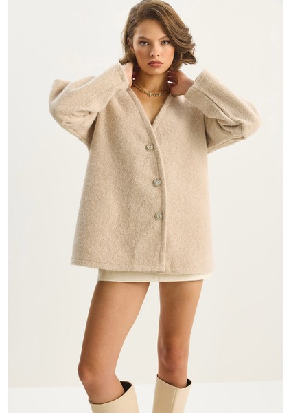 Kadın V Yaka Şık Asimetrik Düğmeli Kırçıllı Kaşe Hırka