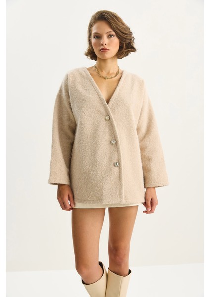 Kadın V Yaka Şık Asimetrik Düğmeli Kırçıllı Kaşe Hırka fiyatları