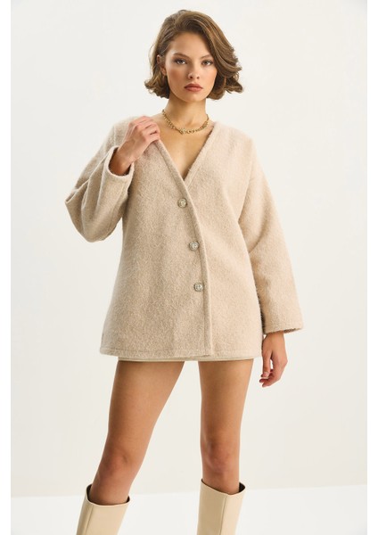 Kadın V Yaka Şık Asimetrik Düğmeli Kırçıllı Kaşe Hırka modelleri