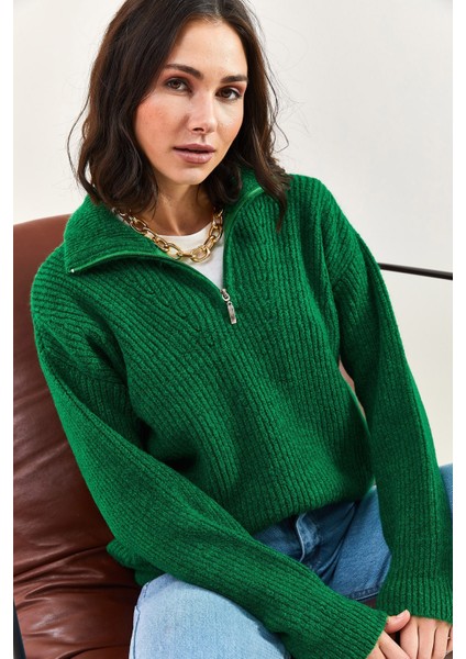 Kadın Fermuarlı Balıkçı Yaka Oversize Triko Kazak modelleri