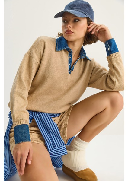 Kadın Denim Detaylı Gömlek Yaka Manşetli Basic Triko Kazak
