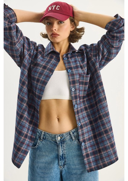 Kadın Tek Cep Detaylı Oversize Ekose Gömlek