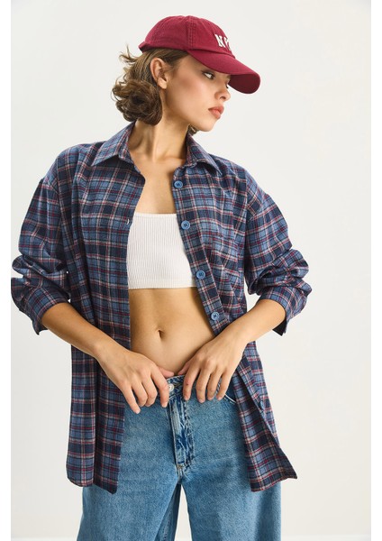 Kadın Tek Cep Detaylı Oversize Ekose Gömlek fiyatları