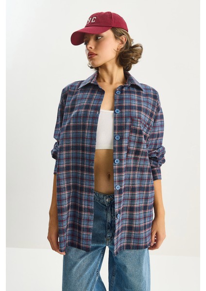 Kadın Tek Cep Detaylı Oversize Ekose Gömlek modelleri