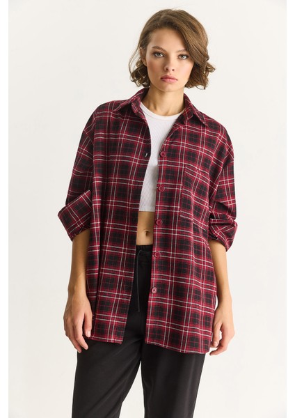 Kadın Tek Cep Detaylı Oversize Ekose Gömlek