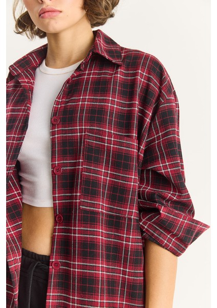 Kadın Tek Cep Detaylı Oversize Ekose Gömlek