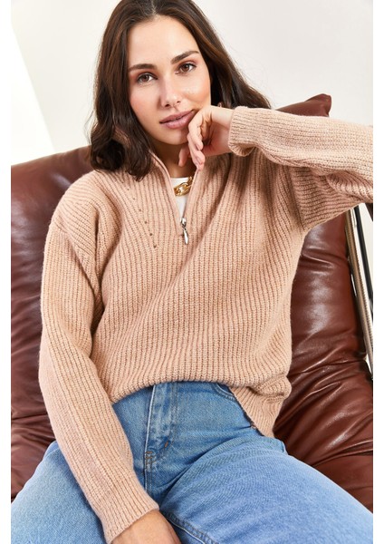 Kadın Fermuarlı Balıkçı Yaka Oversize Triko Kazak fiyatları