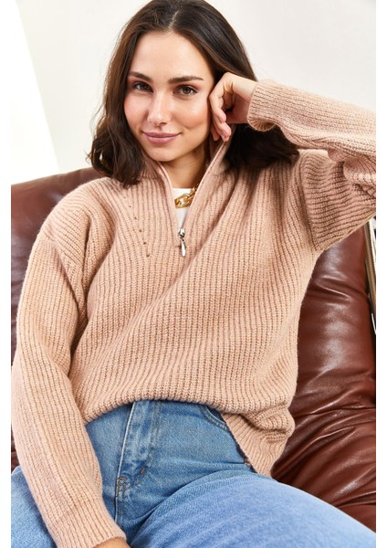 Kadın Fermuarlı Balıkçı Yaka Oversize Triko Kazak modelleri