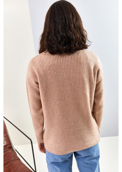 Kadın Fermuarlı Balıkçı Yaka Oversize Triko Kazak