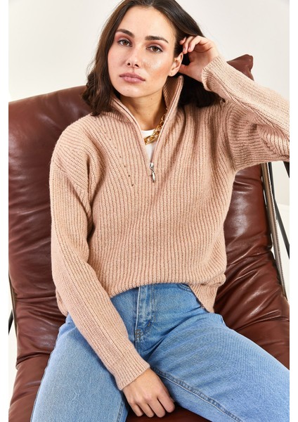 Kadın Fermuarlı Balıkçı Yaka Oversize Triko Kazak