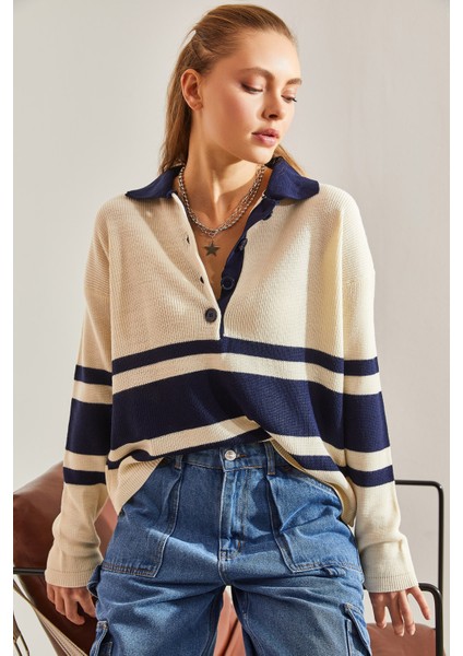 Kadın Polo Yaka Düğmeli Triko Kazak