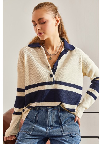 Kadın Polo Yaka Düğmeli Triko Kazak indirimleri