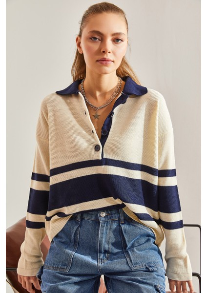 Kadın Polo Yaka Düğmeli Triko Kazak