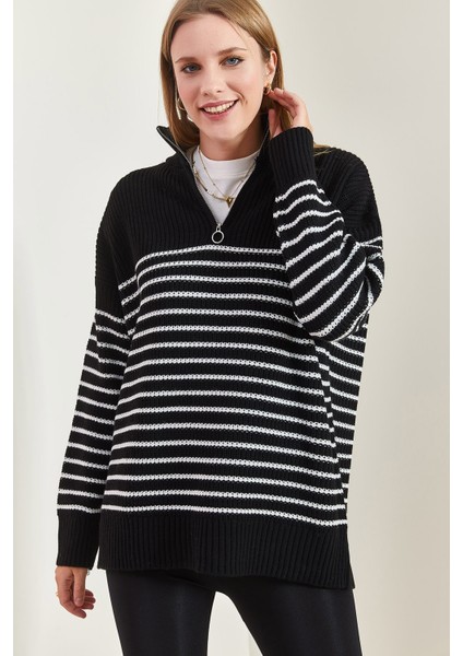 Kadın Balıkçı Yaka Fermuarlı Altı Çizgili Triko Kazak fiyatları