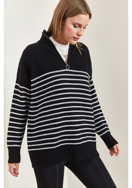 Kadın Balıkçı Yaka Fermuarlı Altı Çizgili Triko Kazak fırsatları