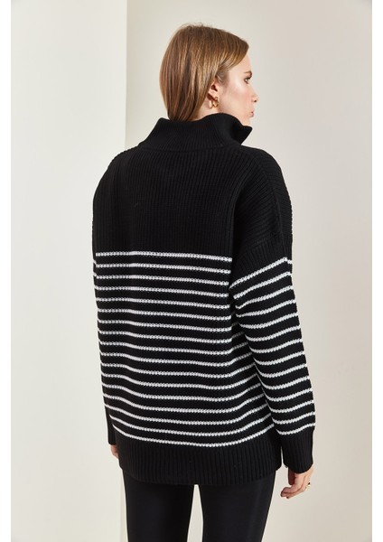 Kadın Balıkçı Yaka Fermuarlı Altı Çizgili Triko Kazak indirimleri