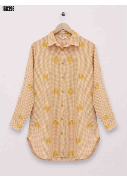 Çiçek Nakışlı Kareli Gömlek-Turuncu, Kırmızı Gül Figürlü Kolye Hediye