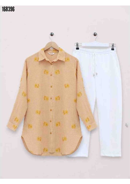 Çiçek Nakışlı Kareli Gömlek-Turuncu, Kırmızı Gül Figürlü Kolye Hediye fiyatları