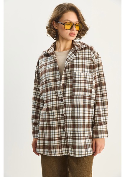 Kadın Tek Cep Detaylı Oversize Ekose Gömlek fırsatları